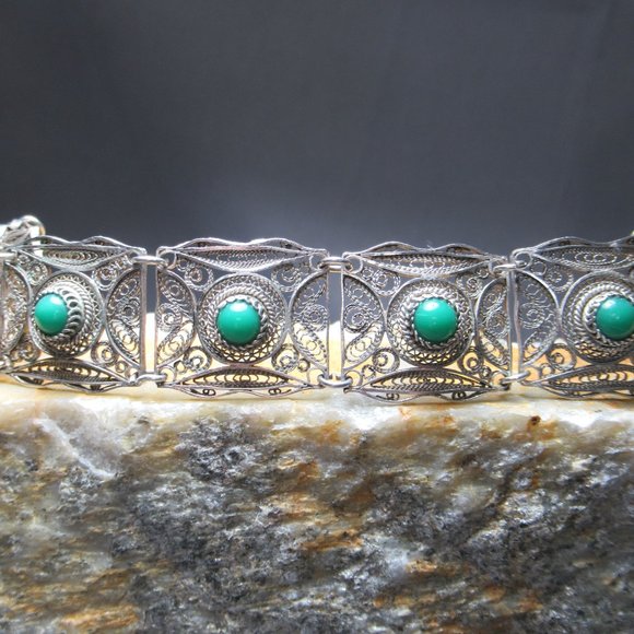 Green Turquoise Filigree Cuff Bracelet, Sterling & 800 Silver - Picture 2 of 5